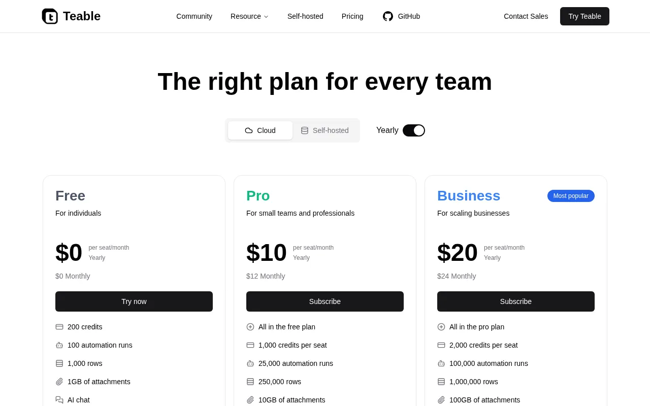 Teable — pricing page