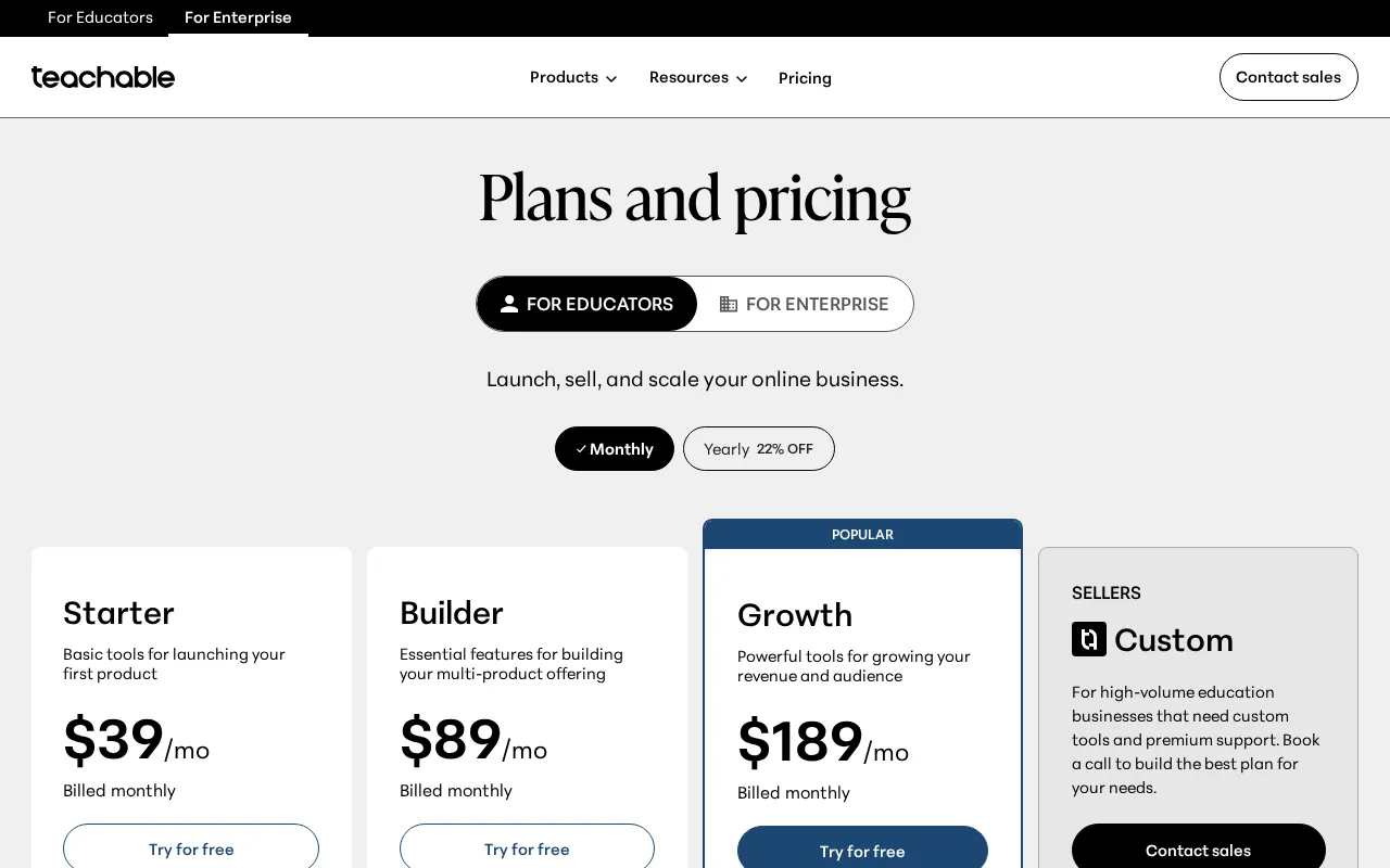 Teachable — pricing page