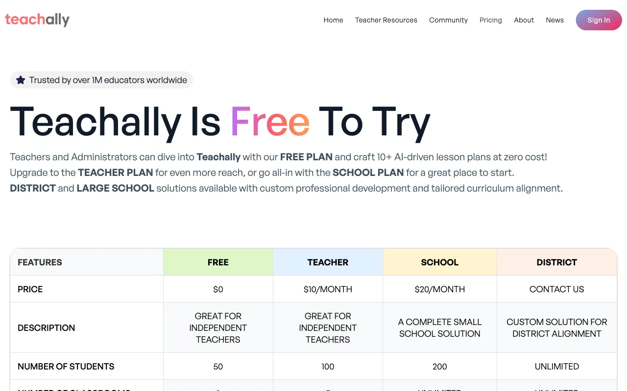 Teachally — pricing page