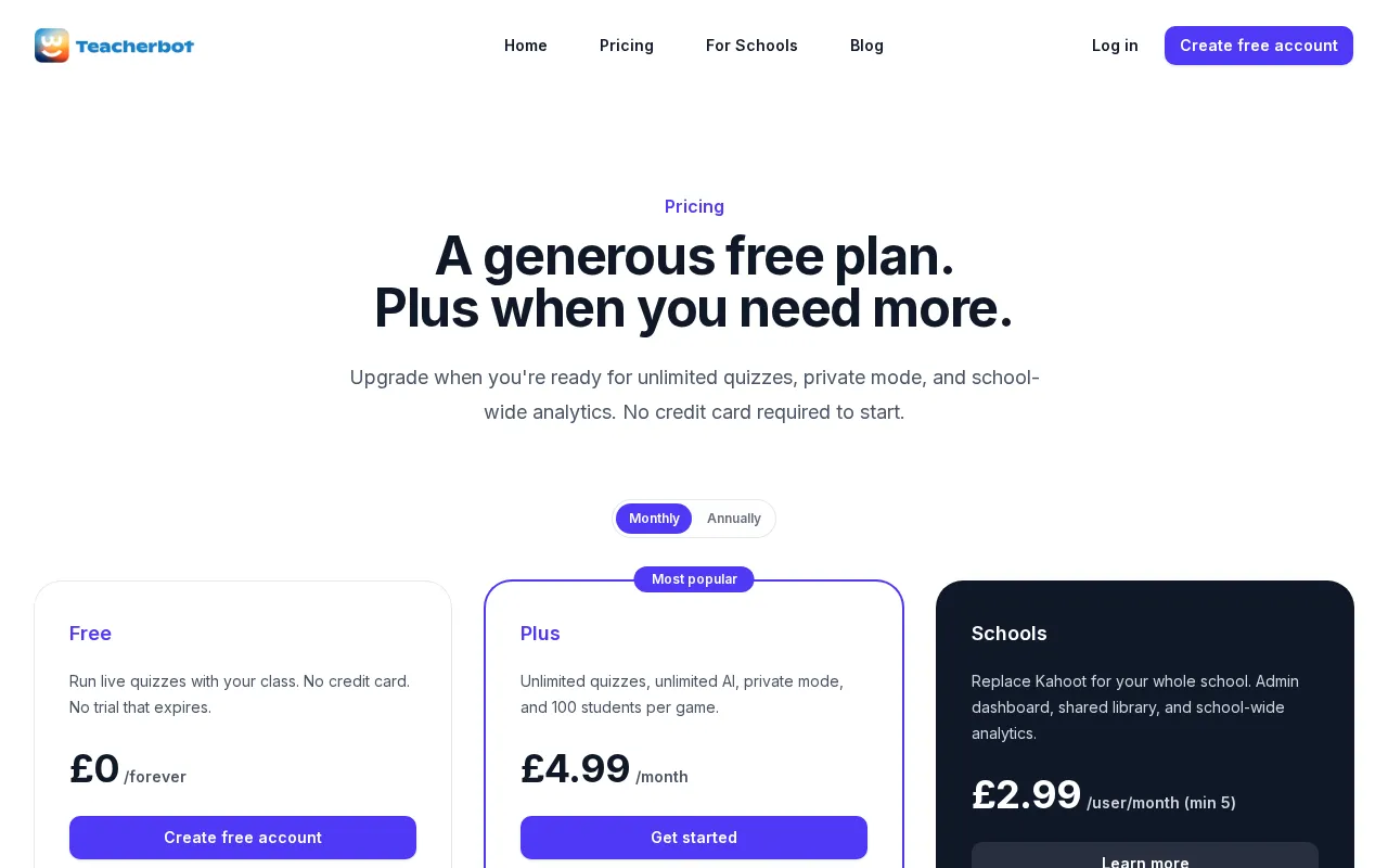 Teacherbot — pricing page