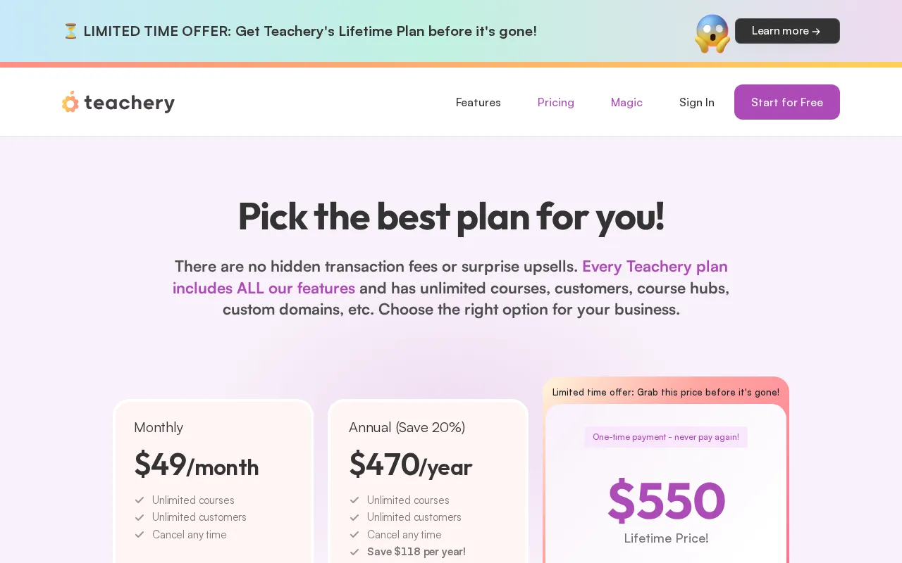 Teachery — pricing page