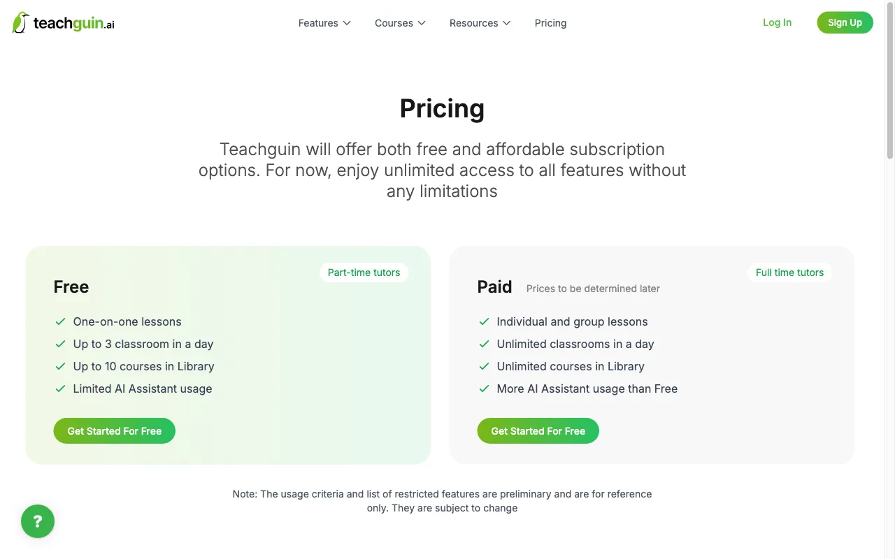 TeachGuin AI — pricing page