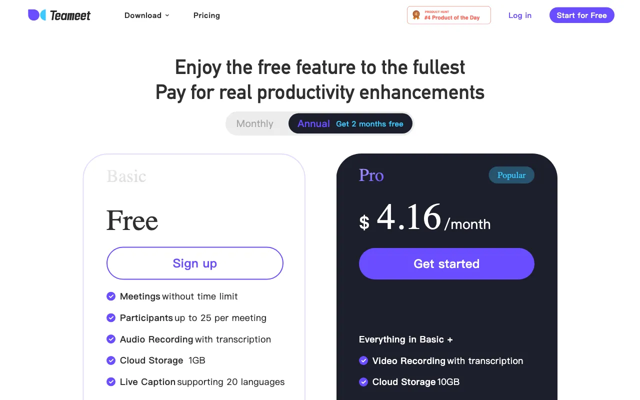 Teameet — pricing page