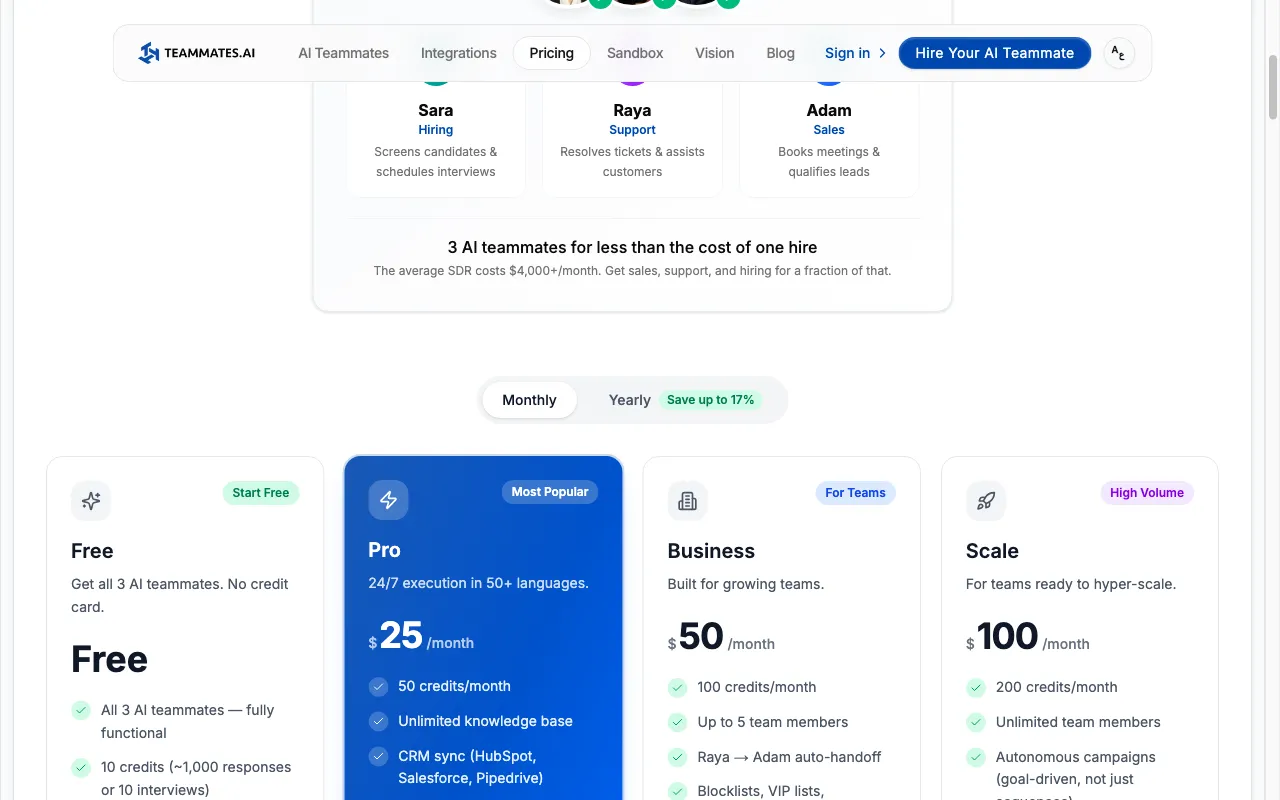 Teammates.ai — pricing page