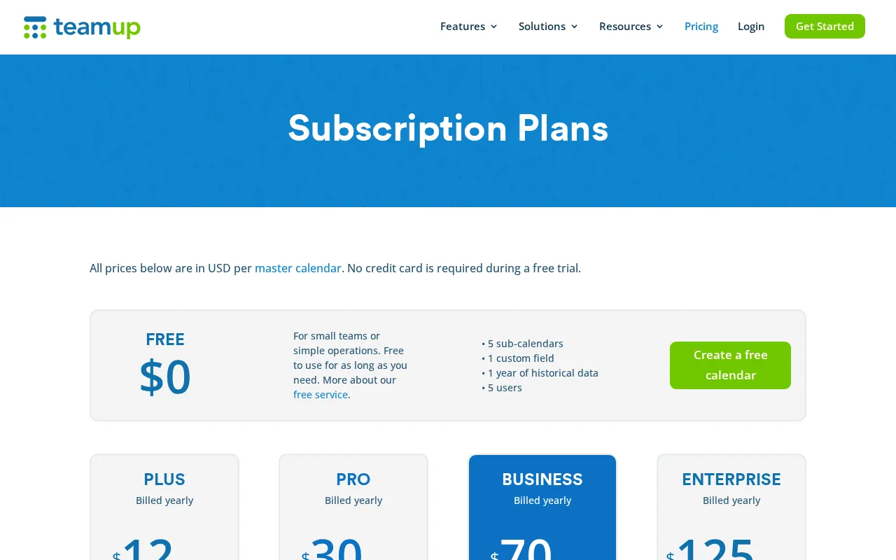 Teamup — pricing page