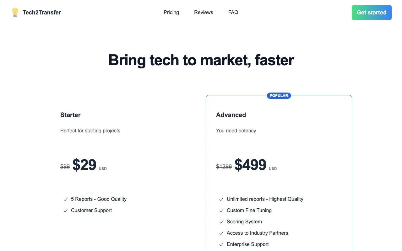 Tech2Transfer — pricing page
