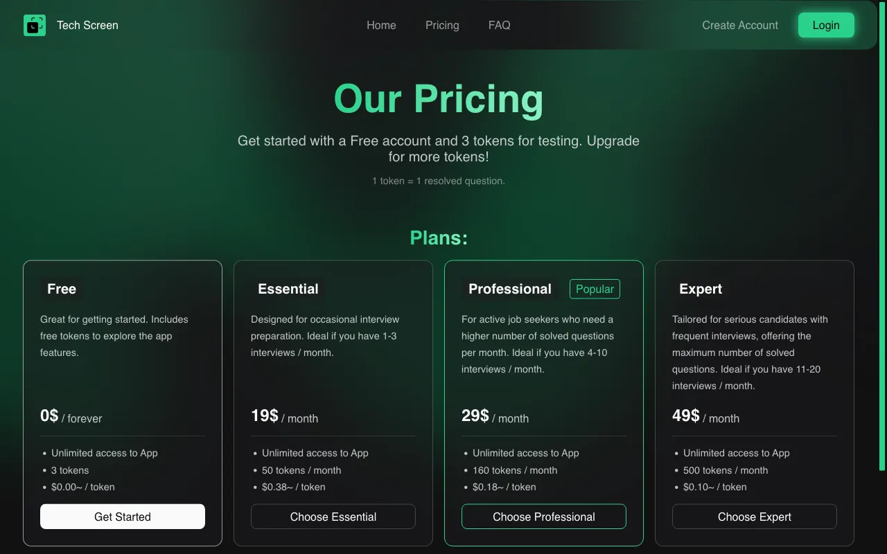 TechScreen — pricing page