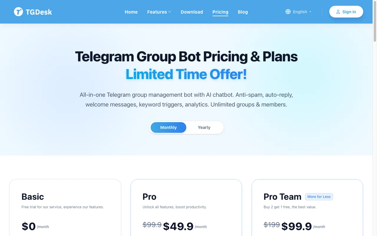 TGDesk — pricing page