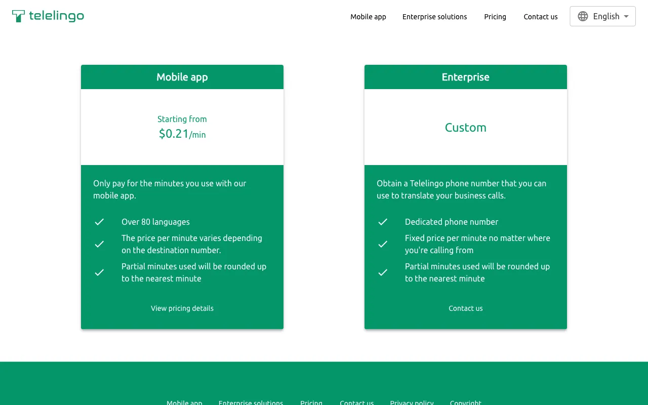 Telelingo — pricing page