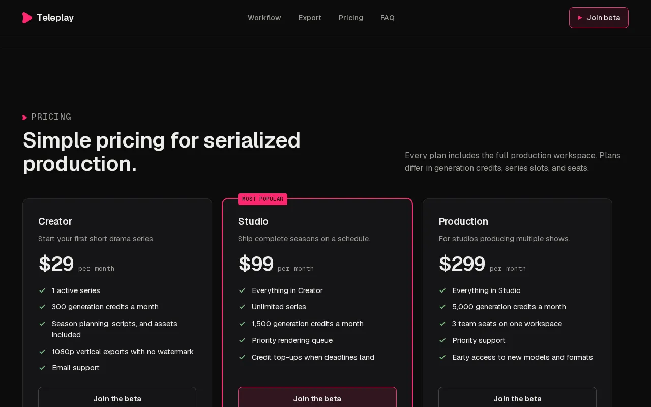 Teleplay — pricing page