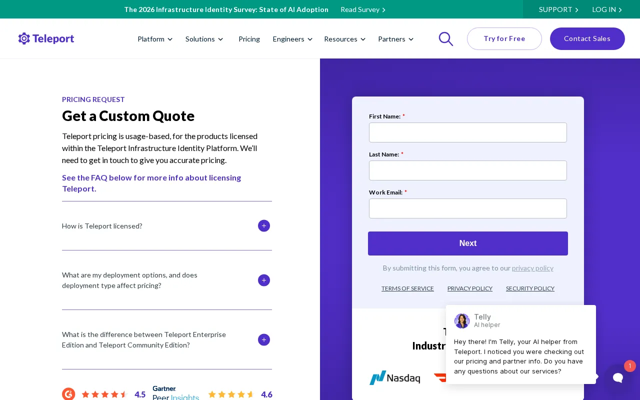 Teleport Database Access — pricing page