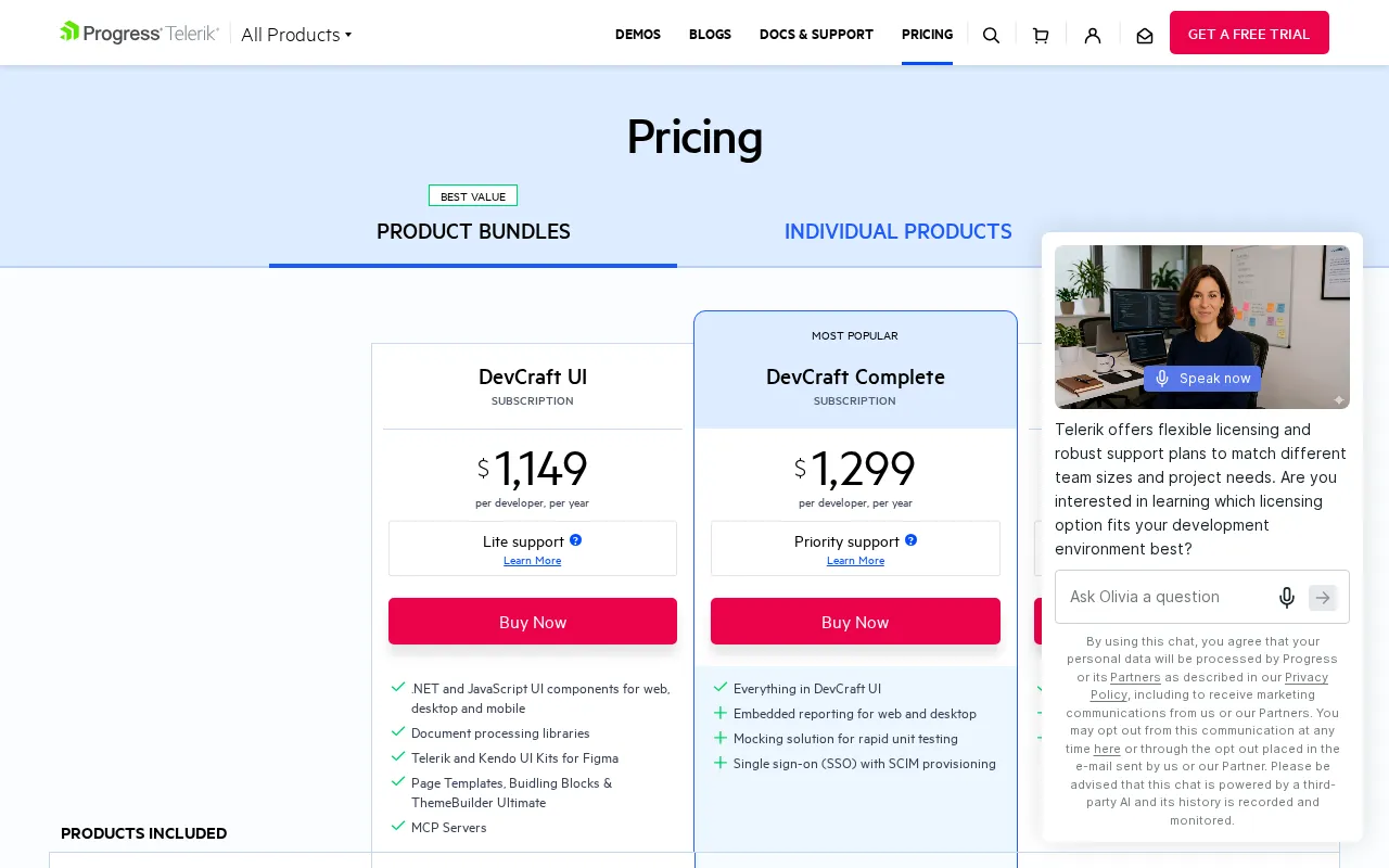 Telerik.com — pricing page