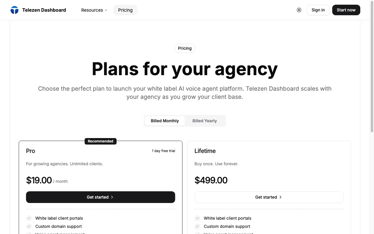 Telezen Dashboard — pricing page