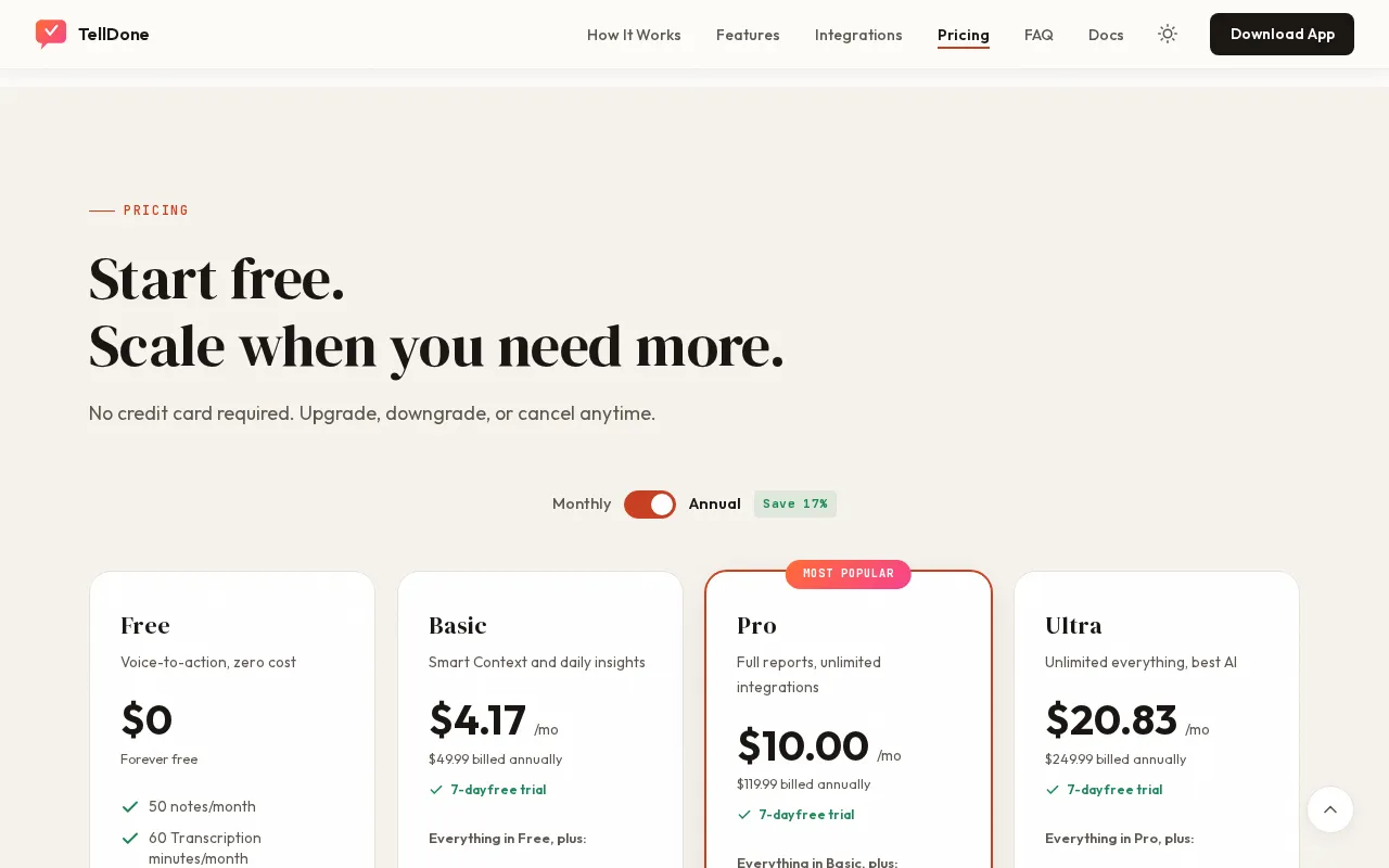 TellDone — pricing page