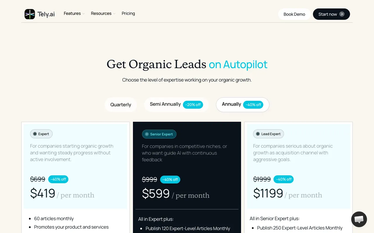 Tely AI — pricing page