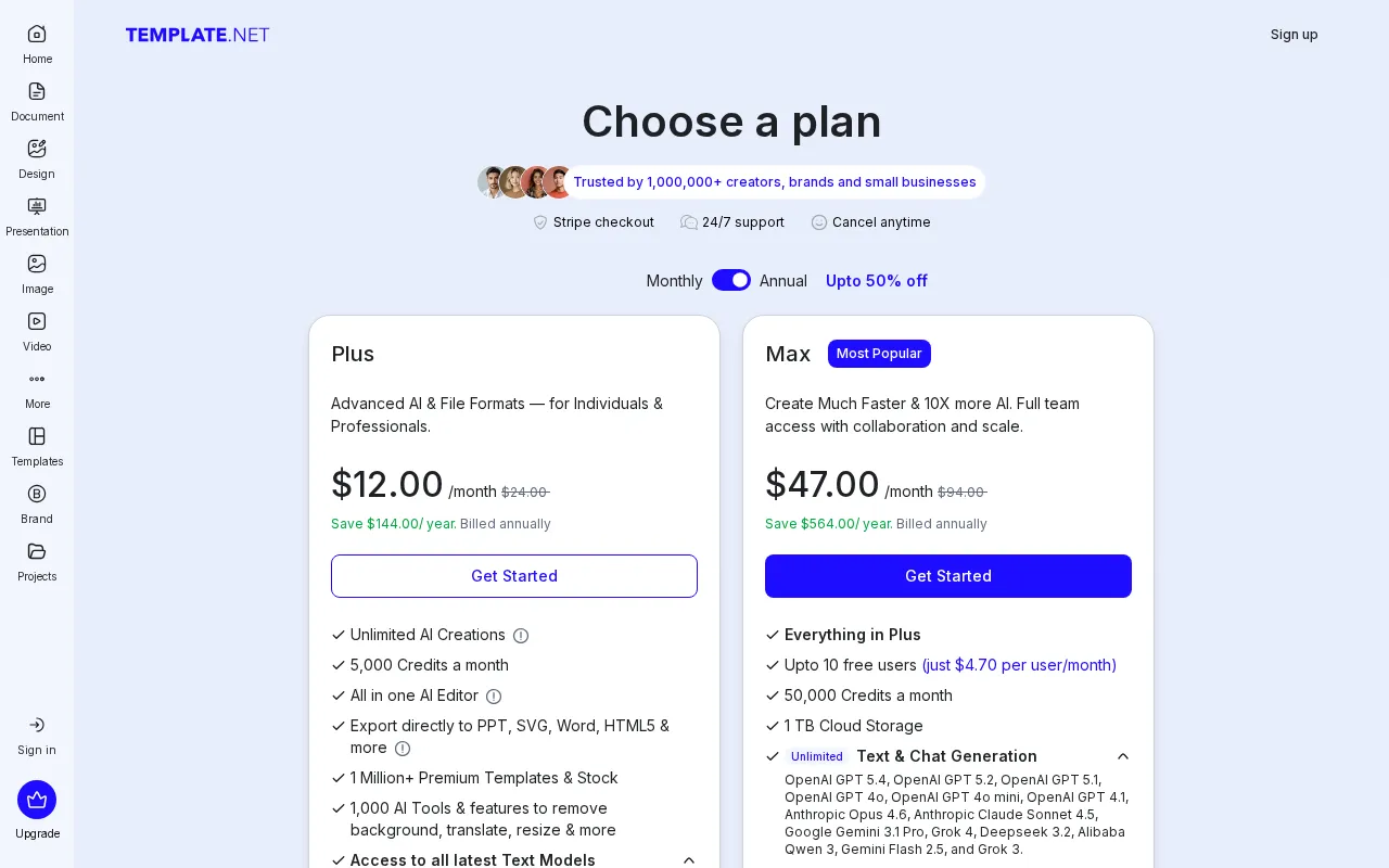 Template.net — pricing page