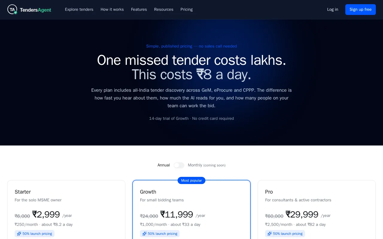 Tenders Agent — pricing page