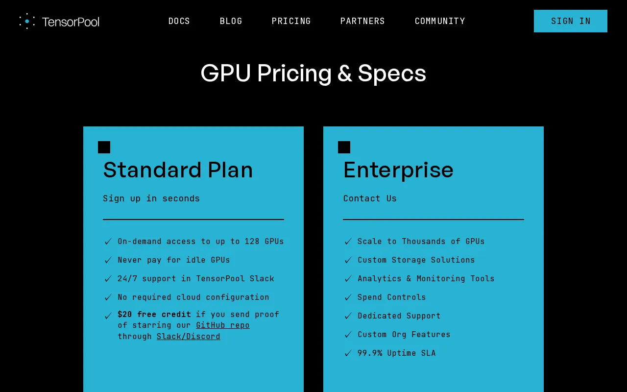TensorPool — pricing page