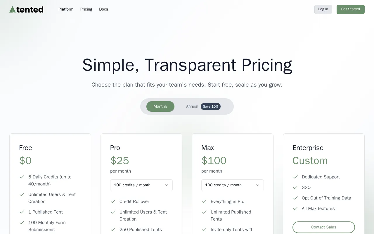 Tented — pricing page