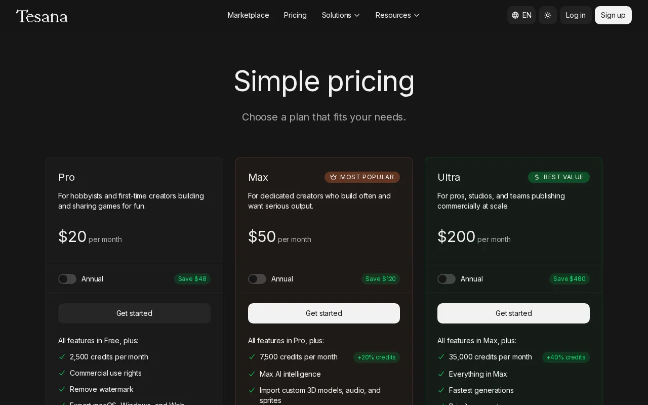 Tesana — pricing page