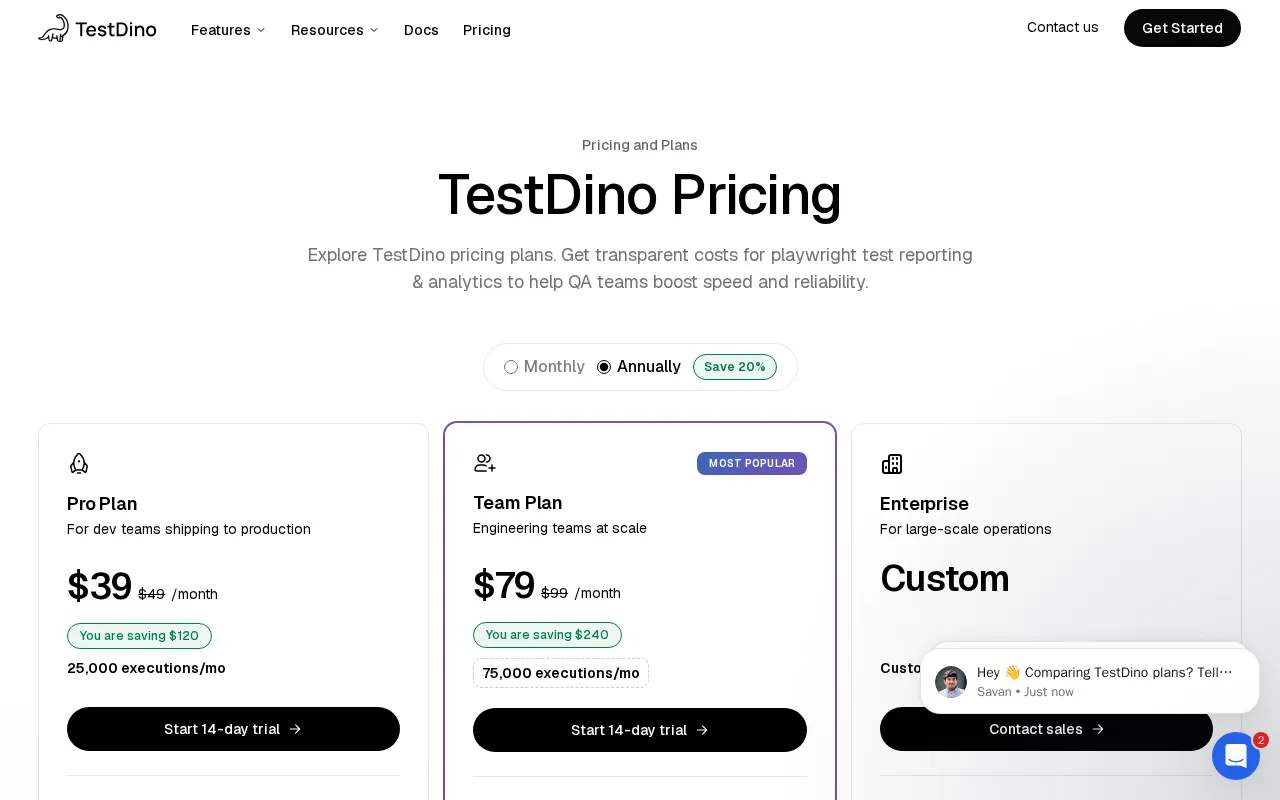 Testdino — pricing page