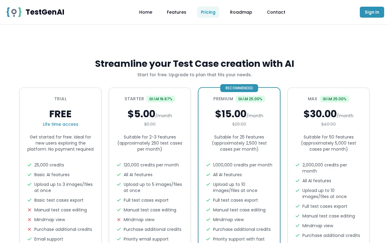TestGenAI — pricing page
