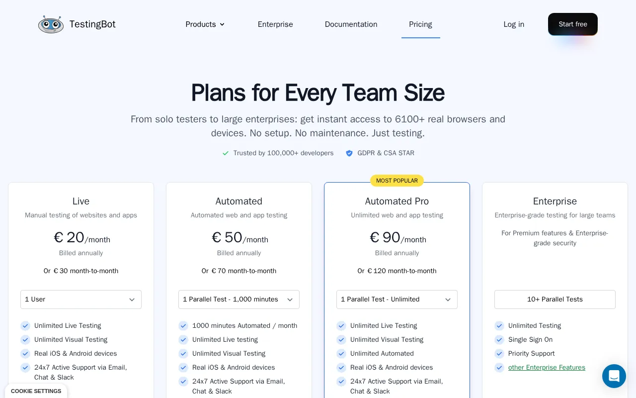 TestingBot — pricing page