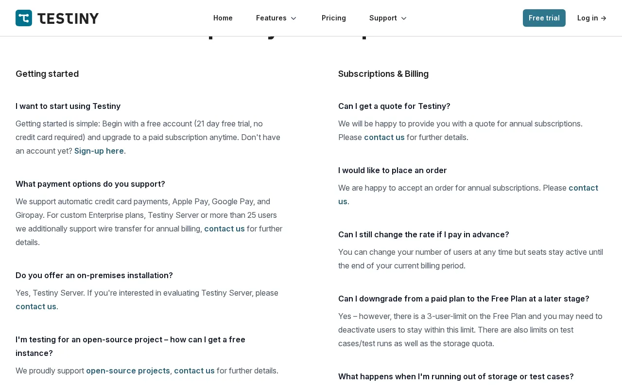 Testiny — pricing page