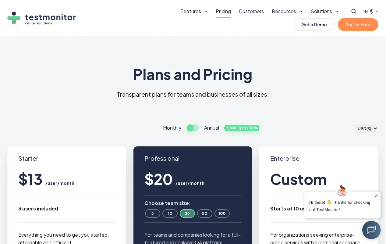 Testmonitor — pricing page