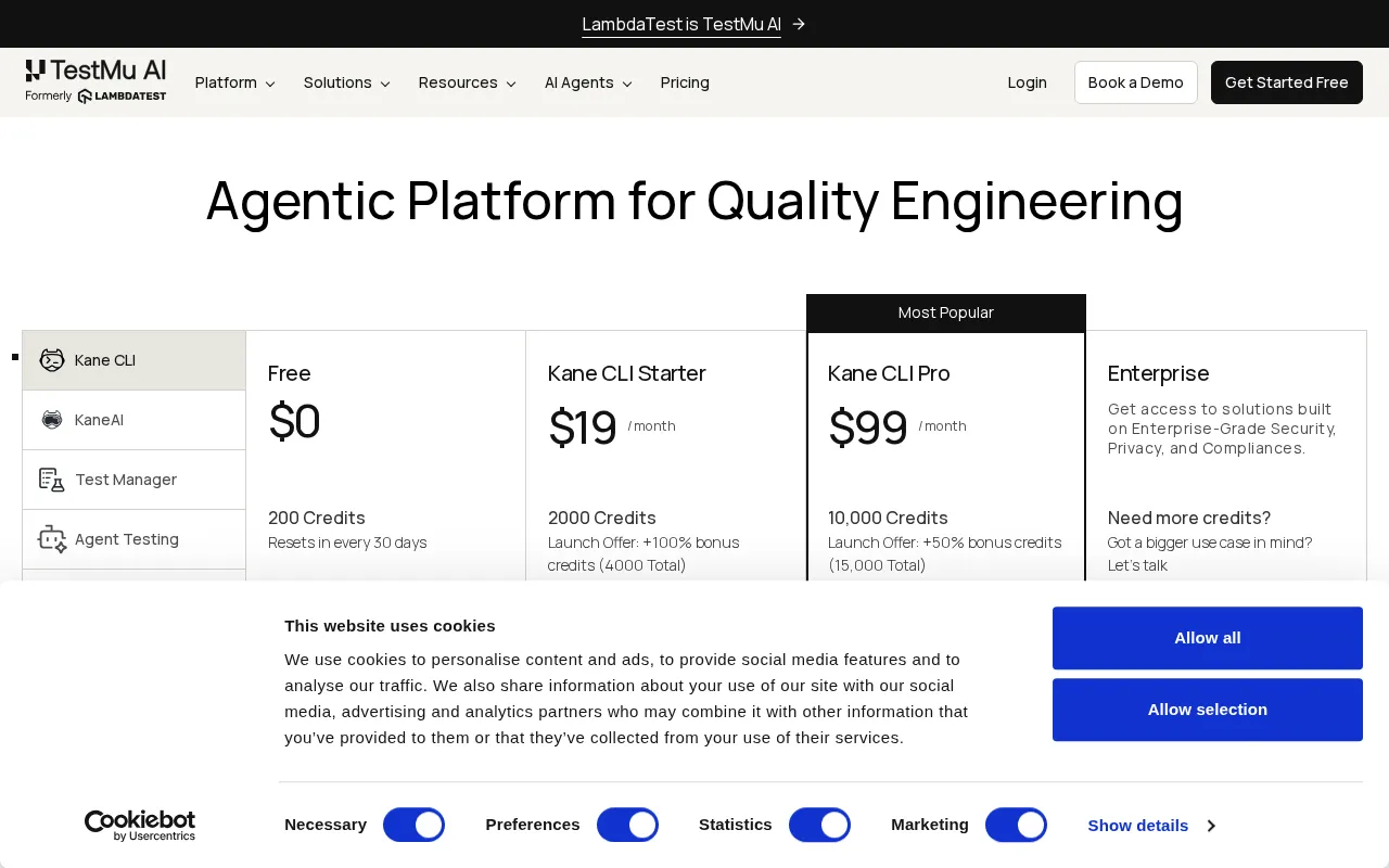 TestMu AI — pricing page