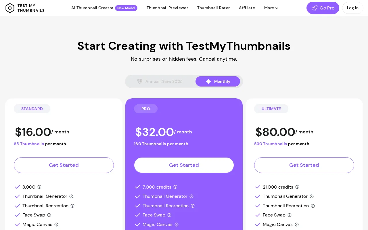 Testmythumbnails — pricing page