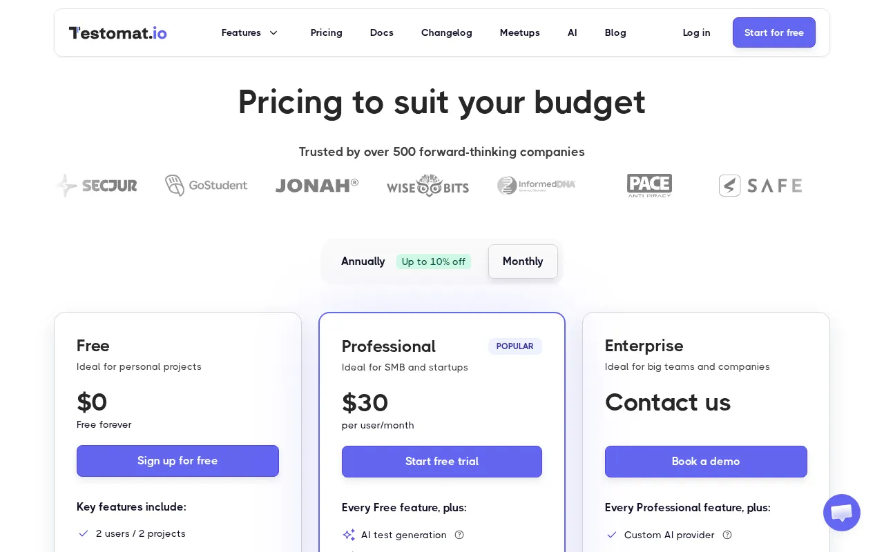 testomat.io — pricing page