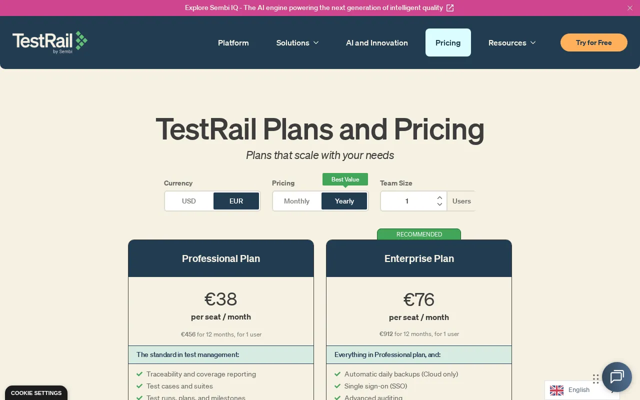 Testrail — pricing page