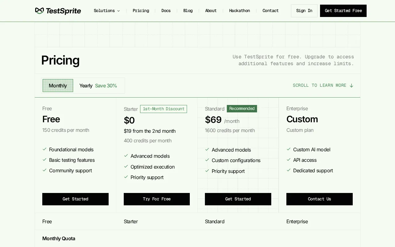 TestSprite — pricing page