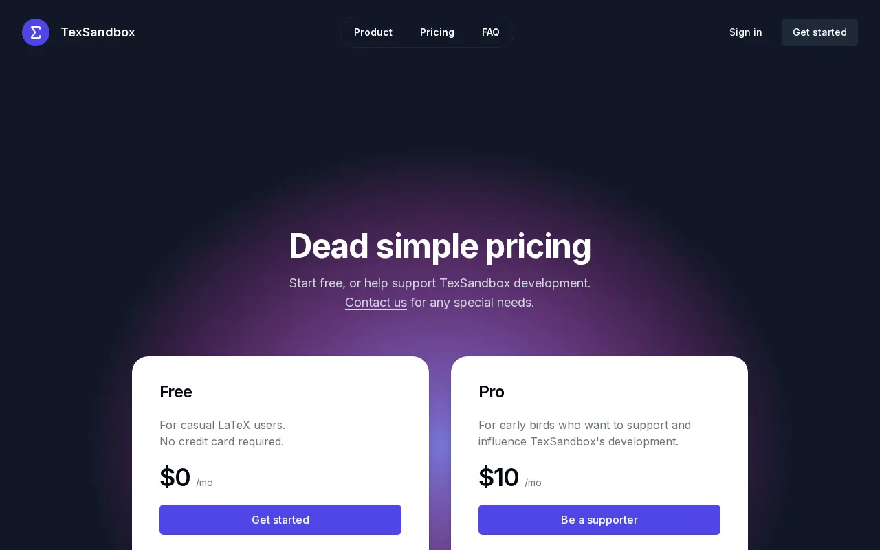 TexSandbox — pricing page