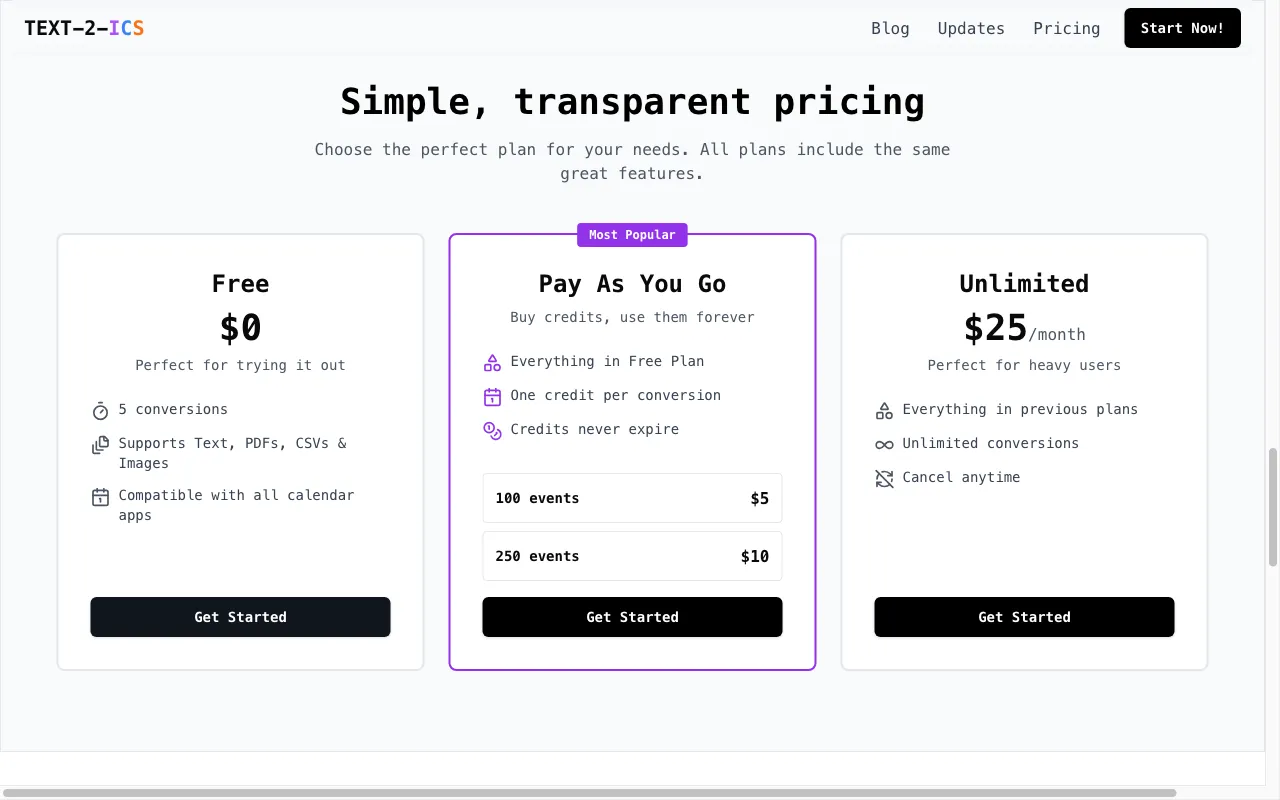 Text-2-ICS — pricing page