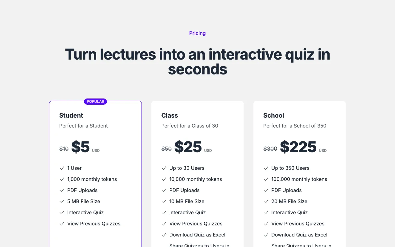 Text 2 Quiz — pricing page