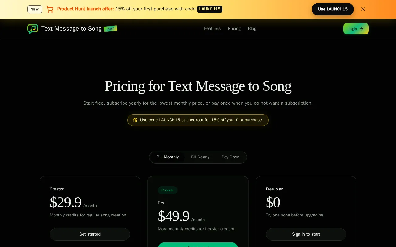 Text Message to Song — pricing page