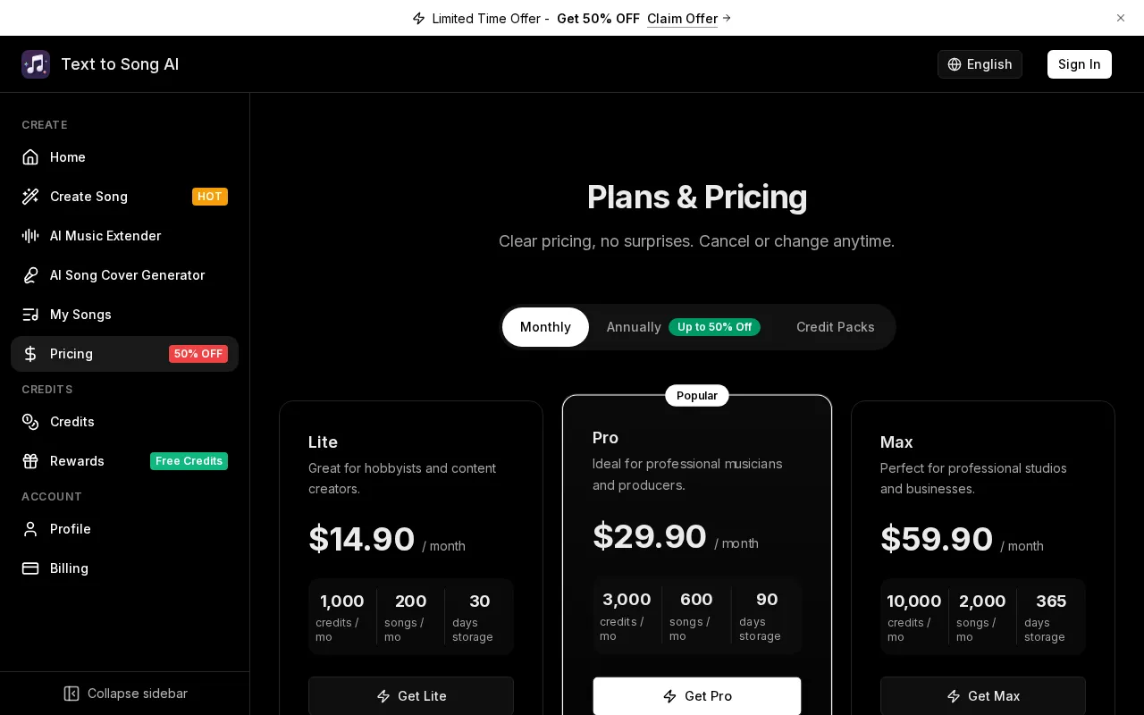Text to Song — pricing page