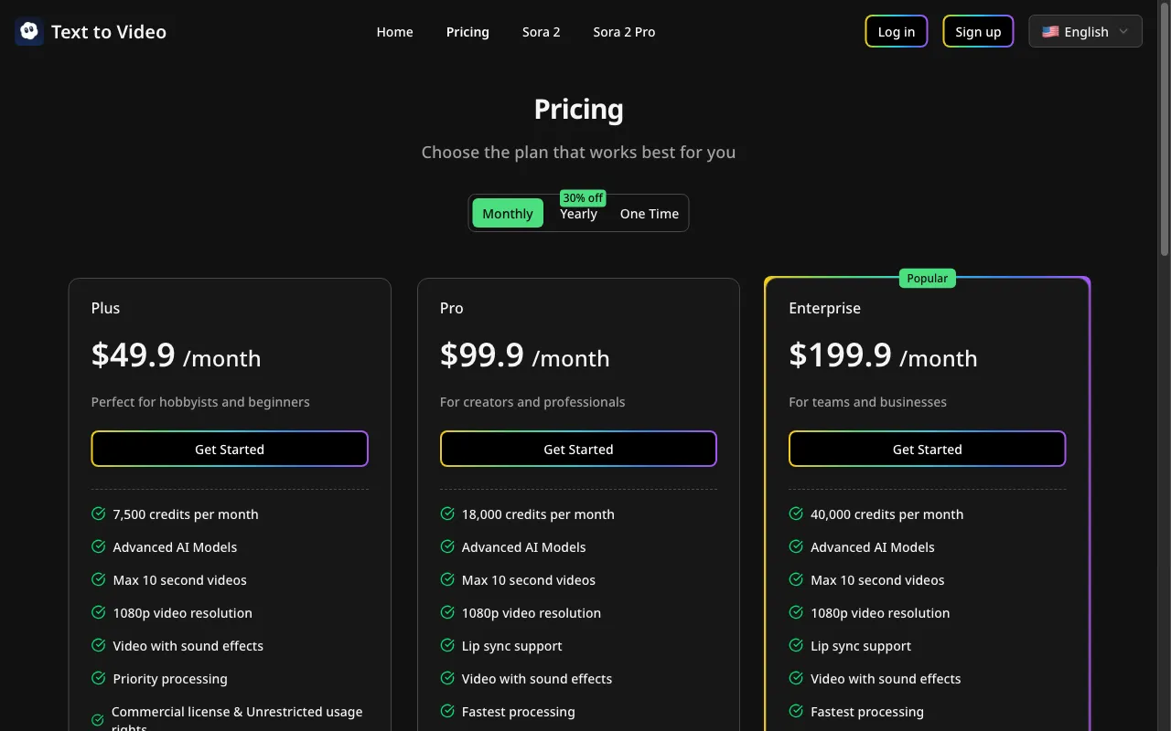 Text To Video — pricing page
