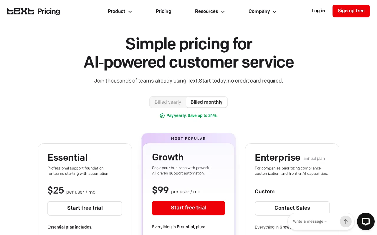 Text — pricing page