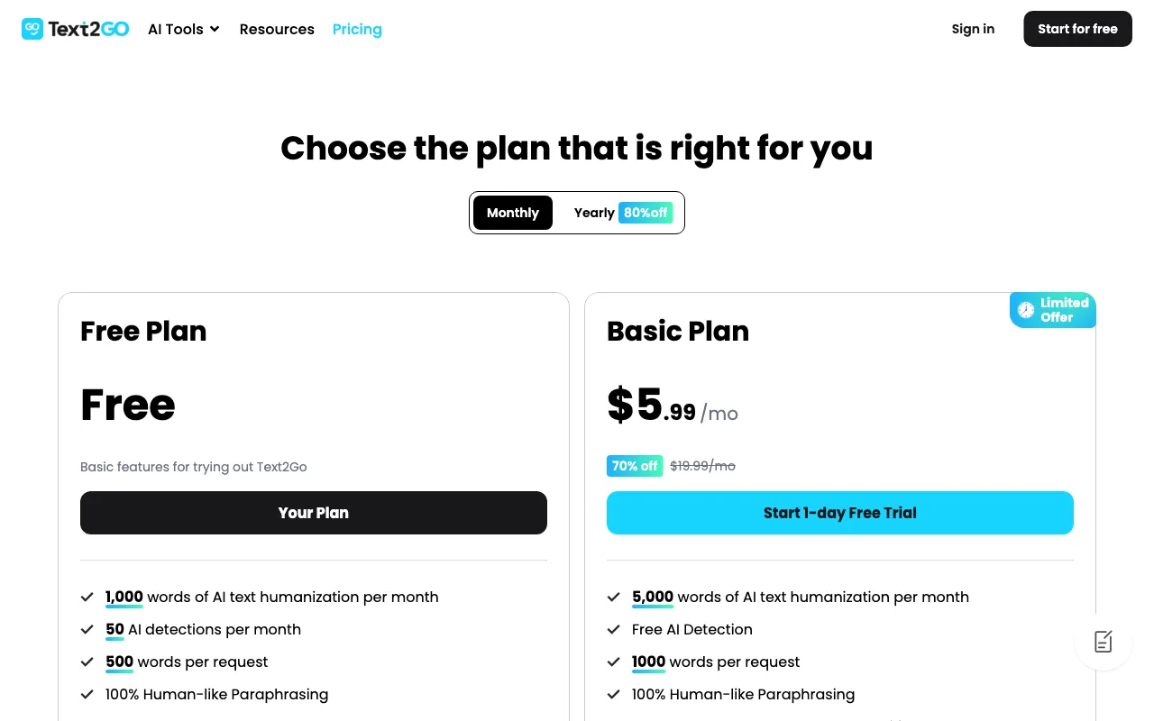 Text2Go — pricing page