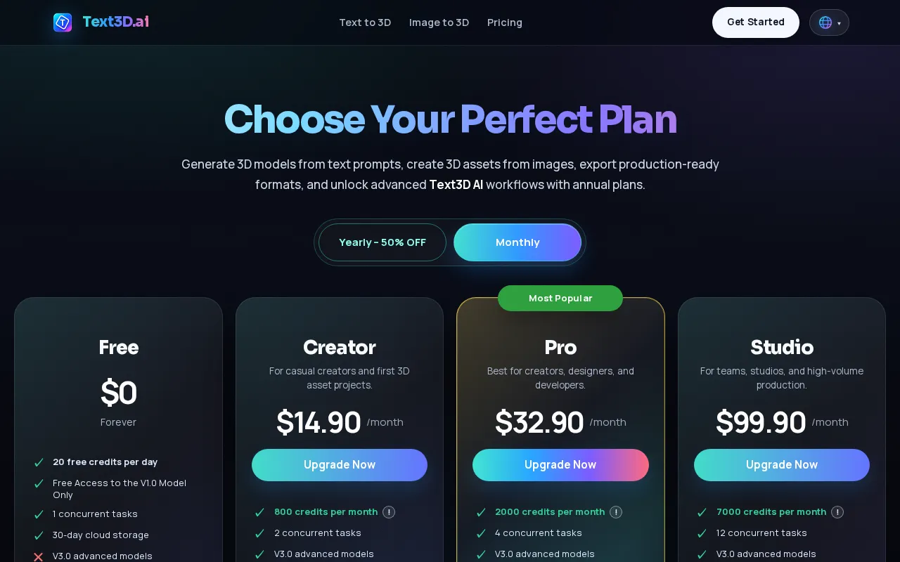 Text3D.ai — pricing page