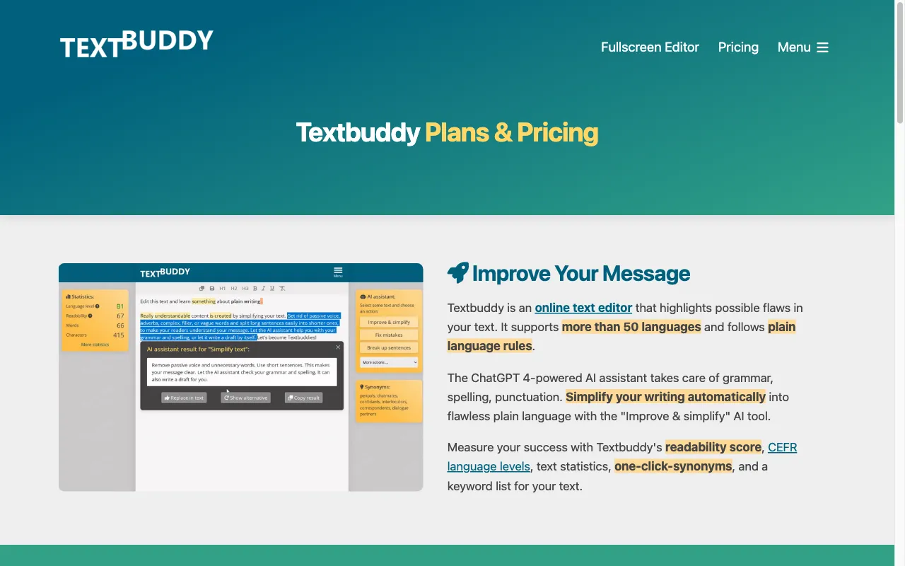 TextBuddy — pricing page