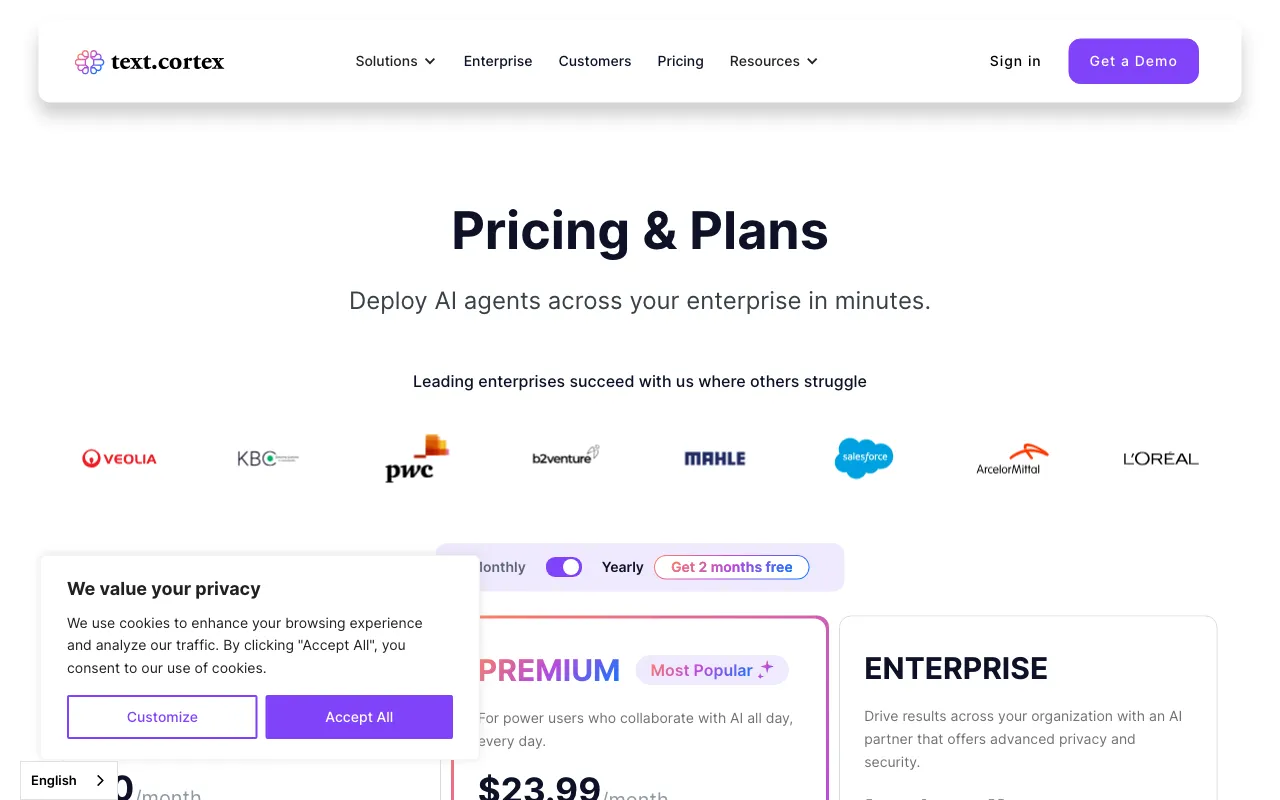 TextCortex AI — pricing page