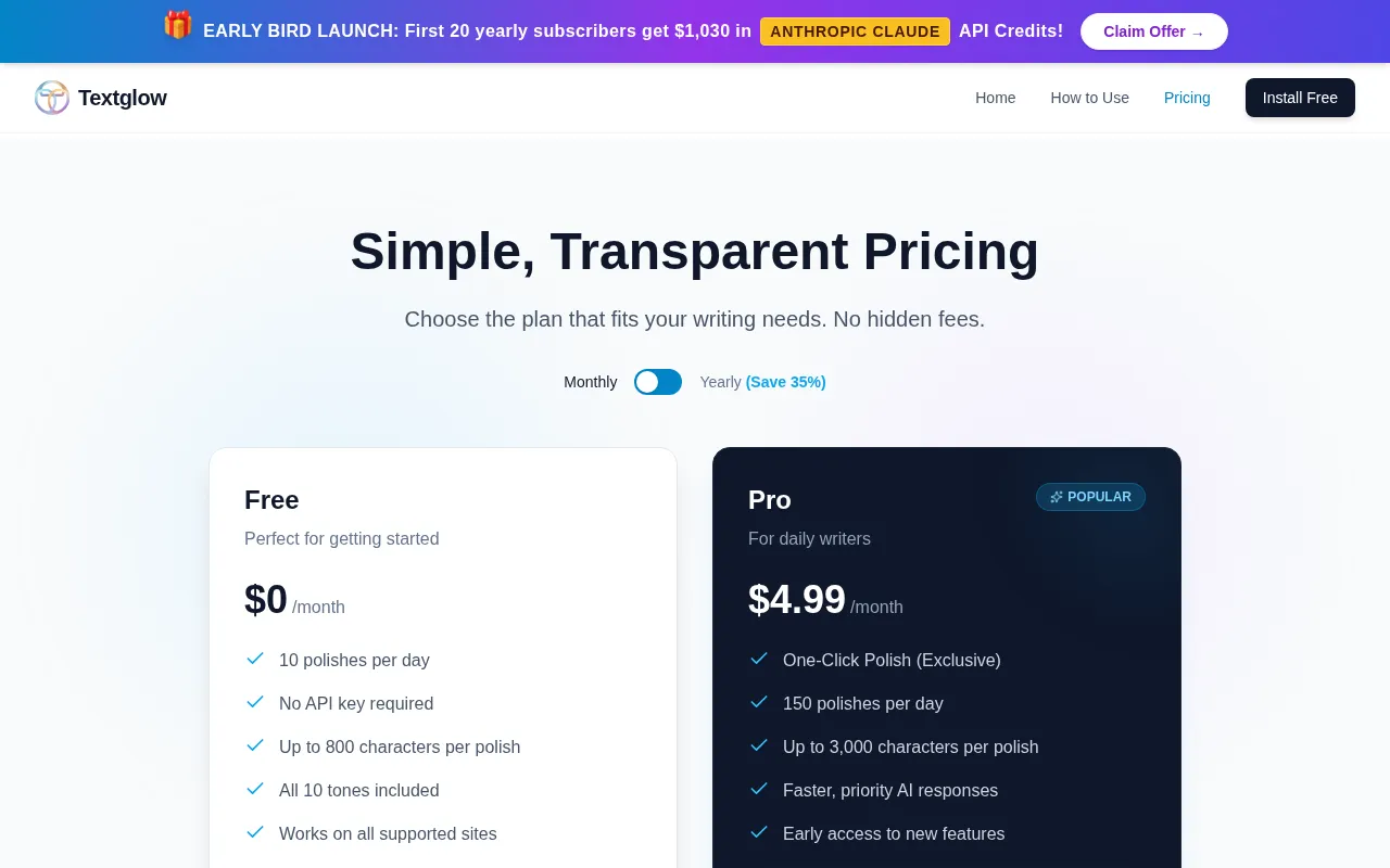 Textglow — pricing page
