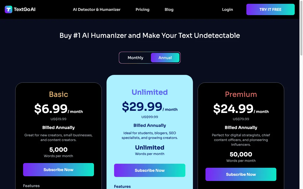 TextGo AI — pricing page