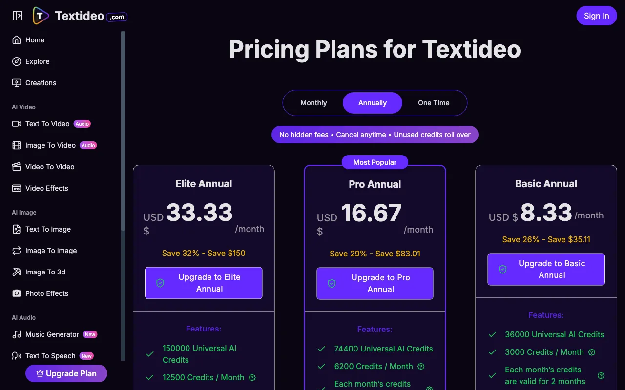 Textideo — pricing page