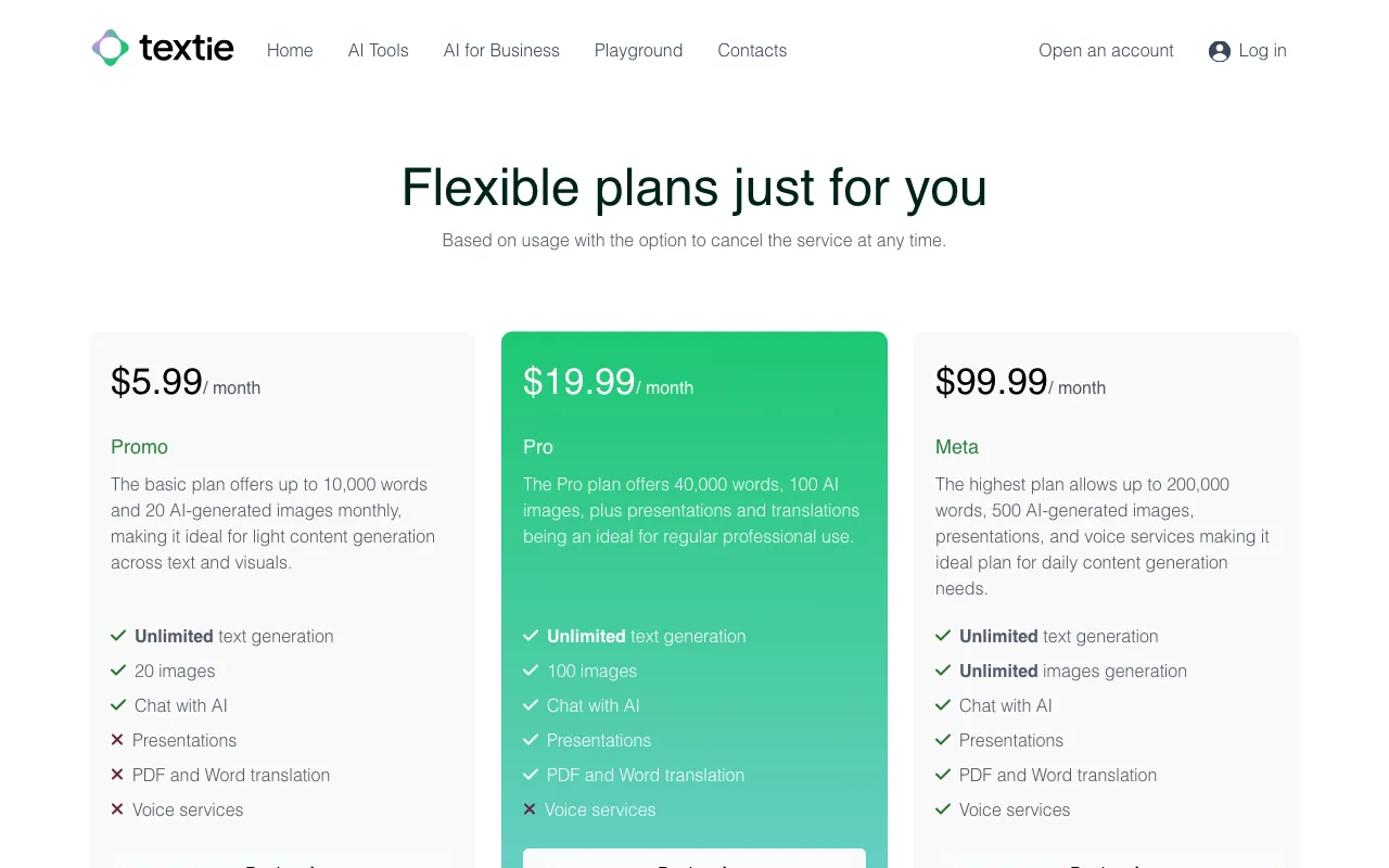 Textie AI — pricing page