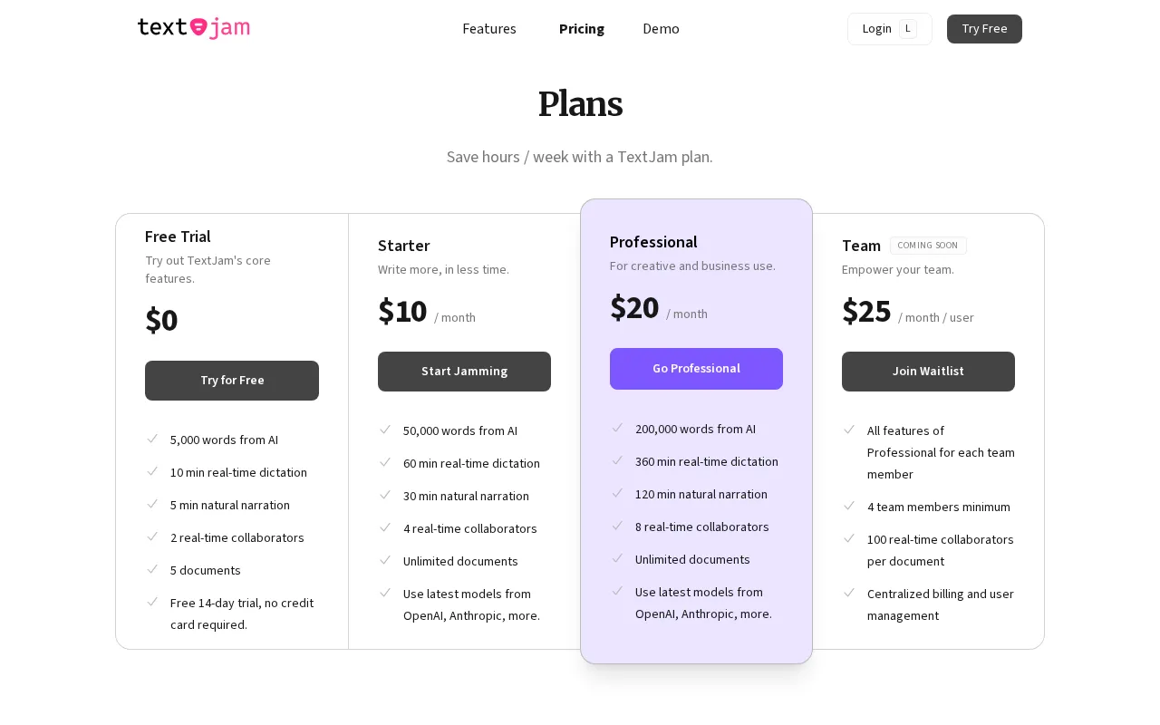 TextJam — pricing page